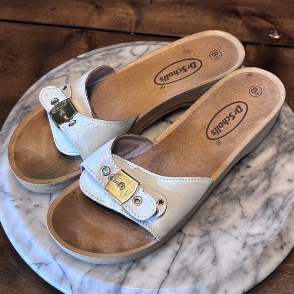 Dr Scholl’s Shoes - VTG Dr Scholl's Exercise Sandals Clogs Silver Mosaic Leather‎ Women Sz US 8.5
